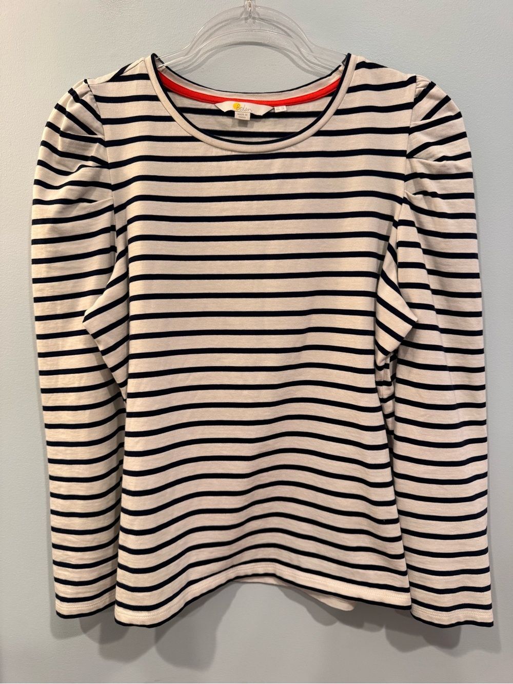 Boden Women's Long Sleeve Breton Stripe Tee in White and Navy 14 puff shoulder